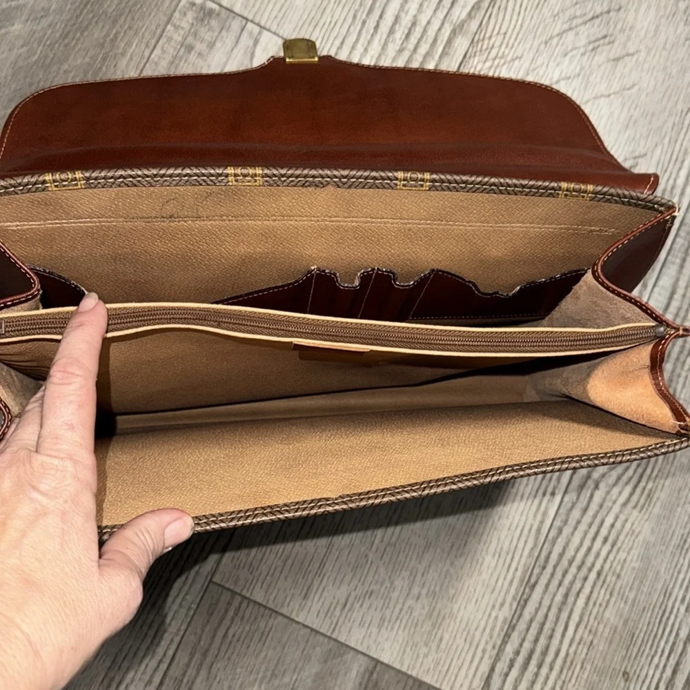 Vintage Texier Brown leather Italian briefcase laptop travel bag man-purse gold
